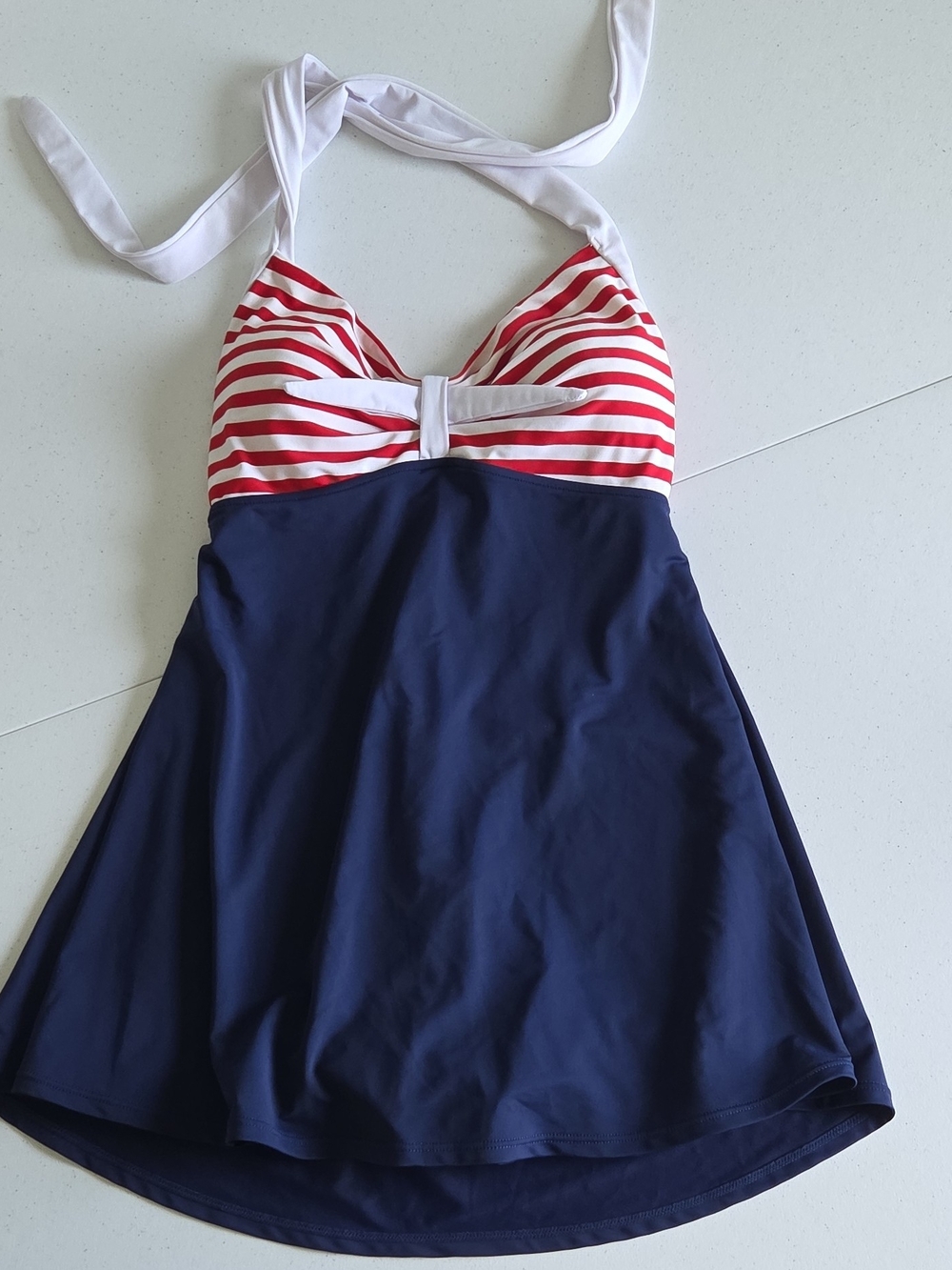 COCOSHIP Navy Halter Swim Dress Red-and-White Striped Bodice Retro Sailor Pin-up